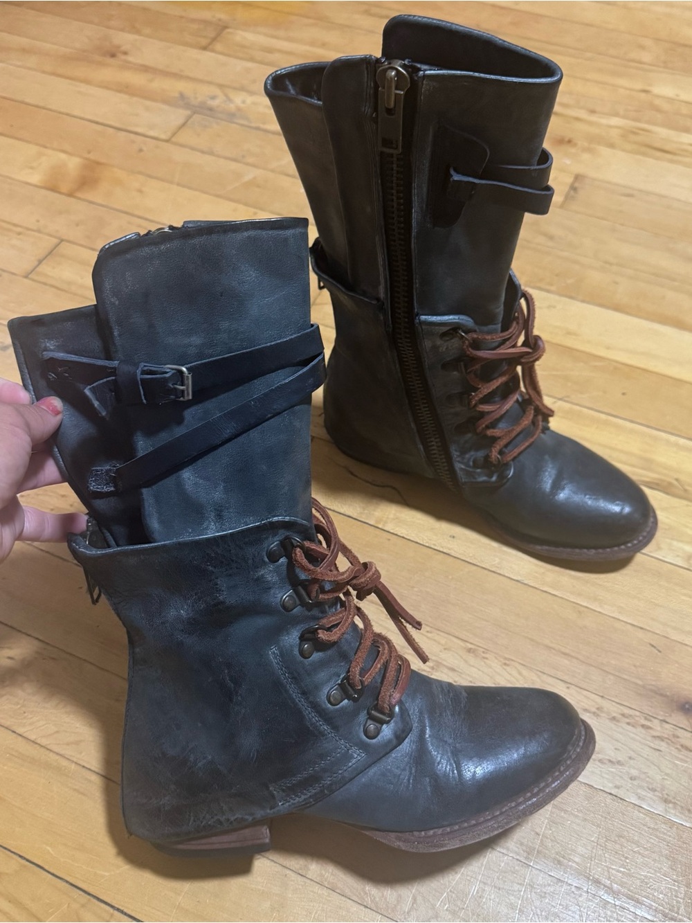 freebird Black Leather Lace-Up Mid-Calf Combat Boots with Brown Laces